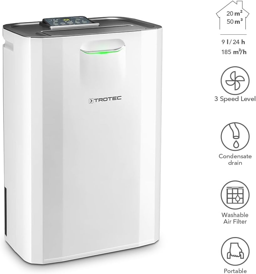 TROTEC Luftentfeuchter elektrisch TTR 57 E – Leistung 9 L/Tag – Fläche 20 m² / 50 m³ – Adsorptionsentfeuchter
