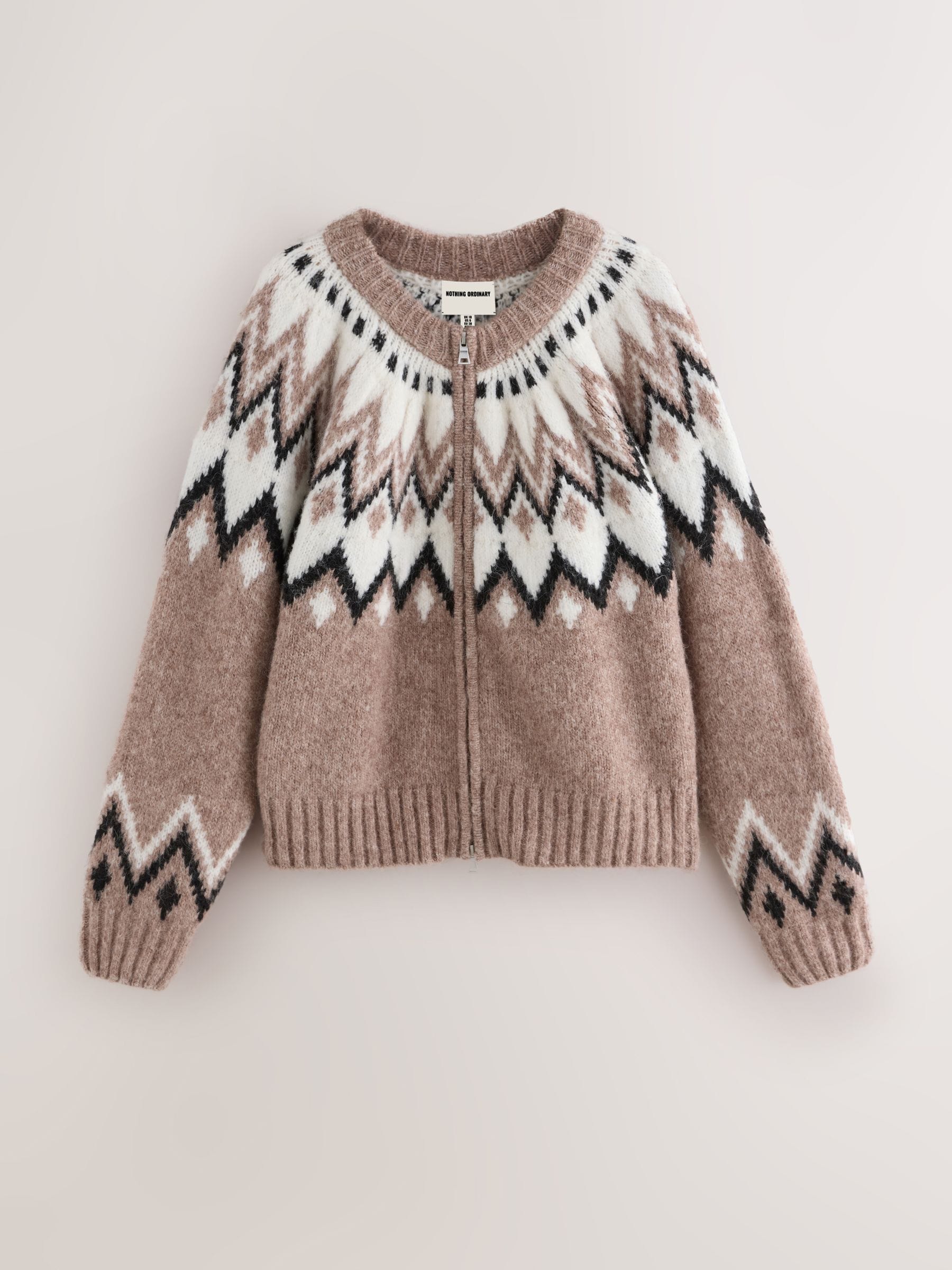 Taupe - Nothing Ordinary Check Fairisle Pattern Knit Zip Through Jumper With Wool