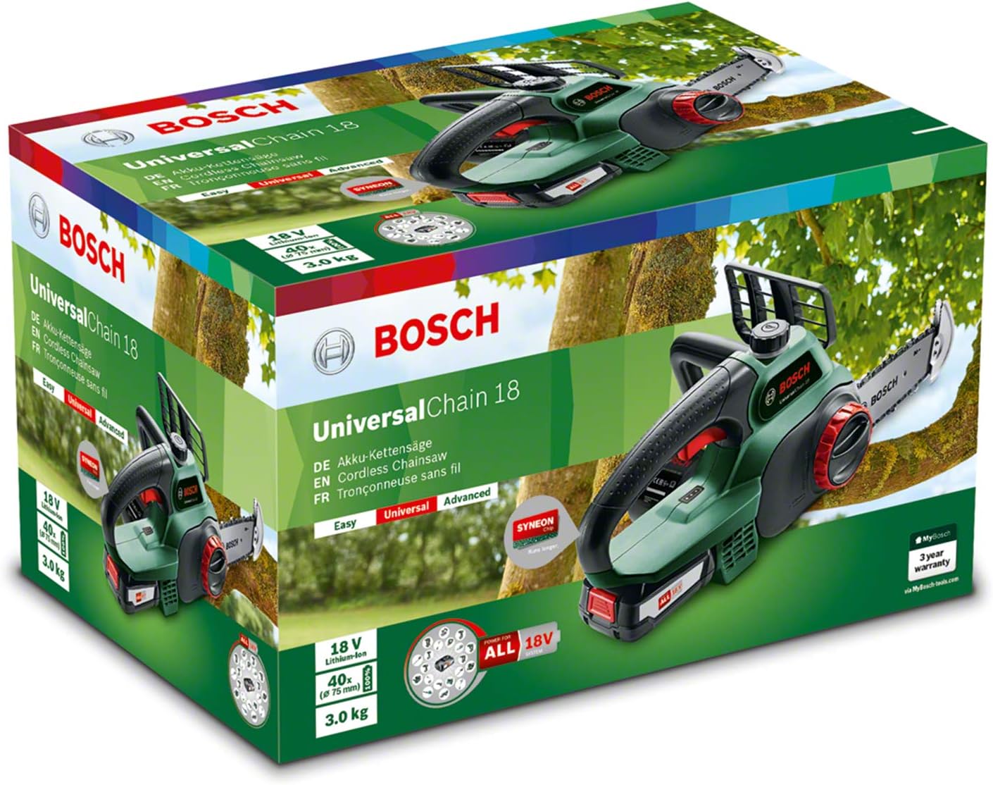 Bosch Akku-Kettensäge UniversalChain 18 (Akku 2,5 Ah, Ladegerät, SDS-System, Schwertlänge: 200 mm, 18-Volt-System, in Kartonschachtel)