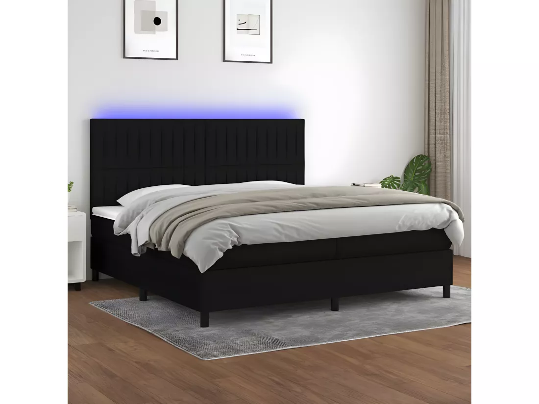 Sommier tapissier et matelas et LED Noir 200x200 cm Tissu