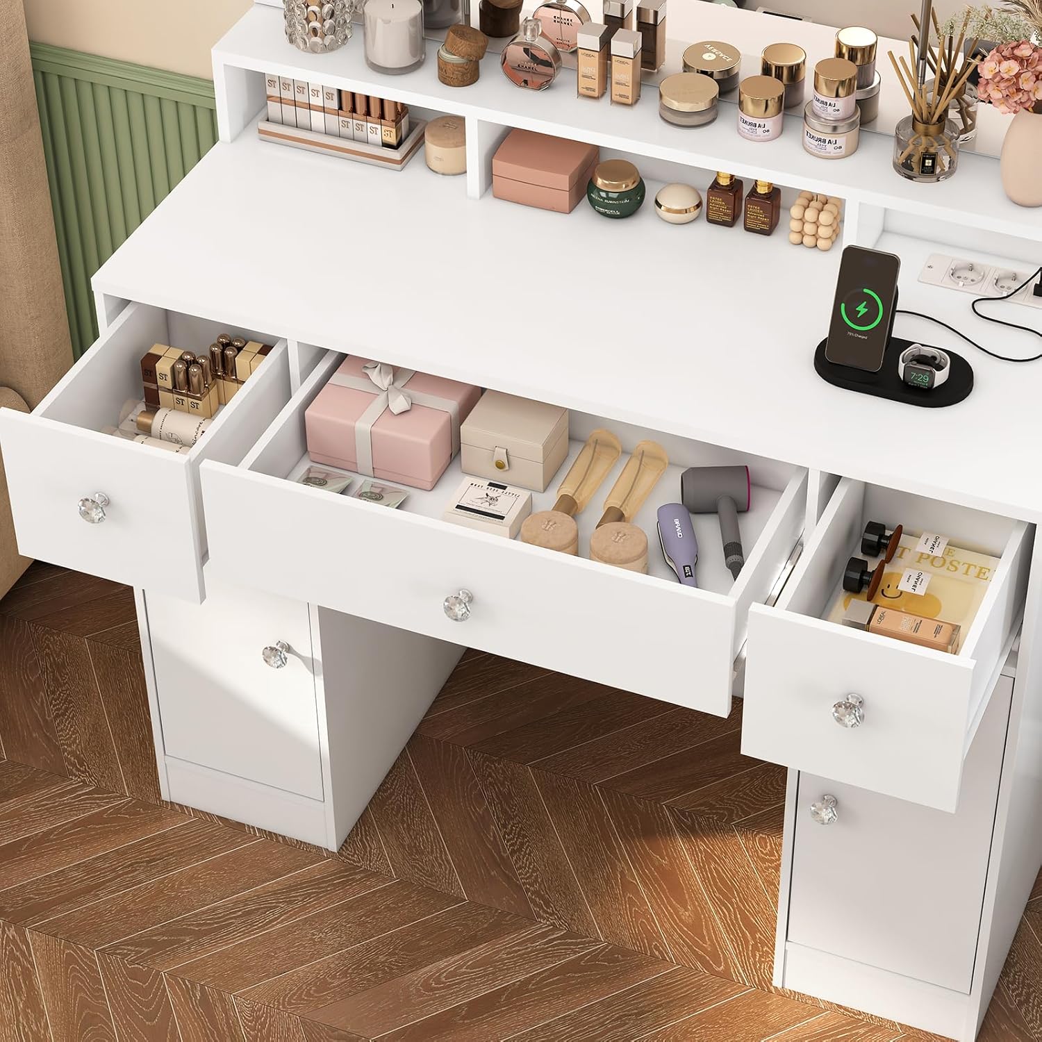FIONESO Schminktisch mit 3 klappbaren Spiegeln, Schminktisch mit 10 LED-Leuchten und Steckdosen, Frisiertisch mit 3 Schubladen und Zwei Schränken, für Frauen, Schlafzimmer, Weiß