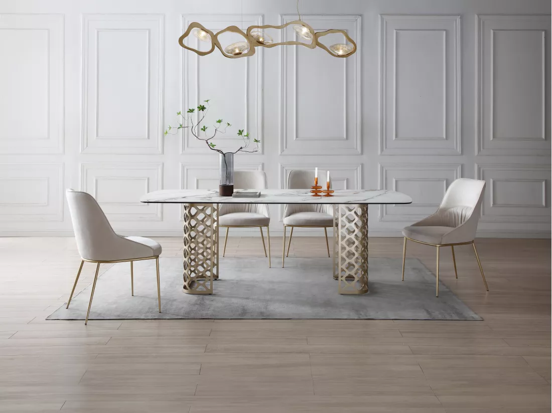 Table à manger 8 personnes en verre trempé et céramique - Effet marbre blanc et doré - GOLDENA