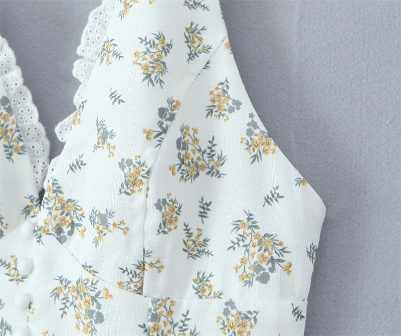 Avauntgardo - Halter V-hals bloemenprint kanten rand open rug mini A-lijn jurk