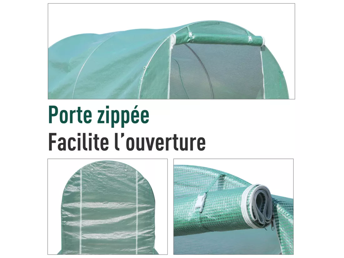 Serre de jardin tunnel surface sol 8 m² 4L x 2l x 2,10H m châssis tubulaire renforcé porte zippée 6 fenêtres enroulables vert