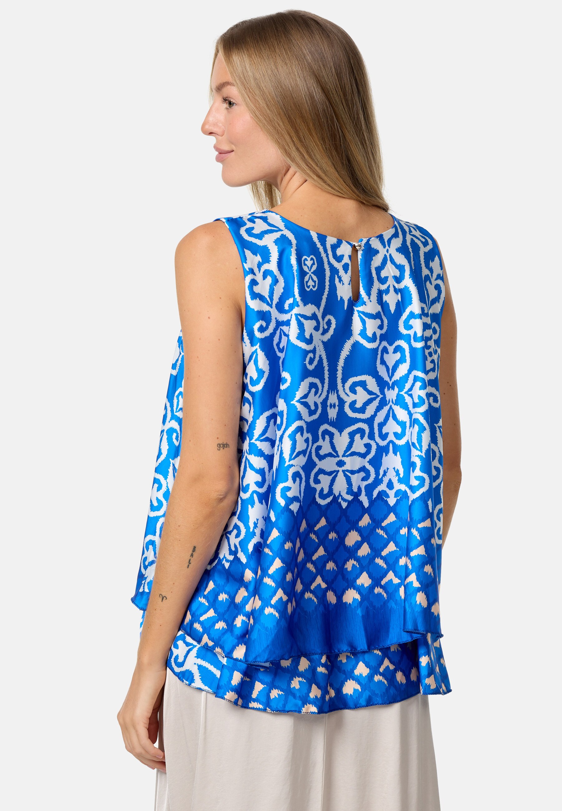 PM SELECTED Damen Blusentop Sommerlicher Sleeveless Overlay Satin Muster Top PM34