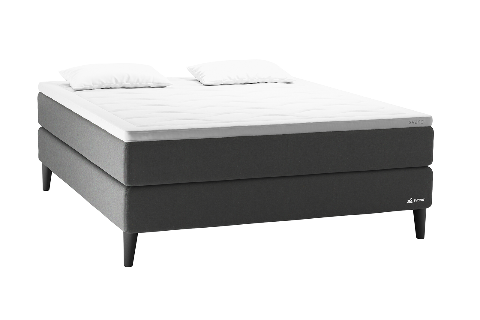 Zilva kontinentalseng 180x200 cm. Tekstil Moment Cloud med Temptation Elastec overmadrass og 14 cm sorte Cone ben. Uten hodegavl