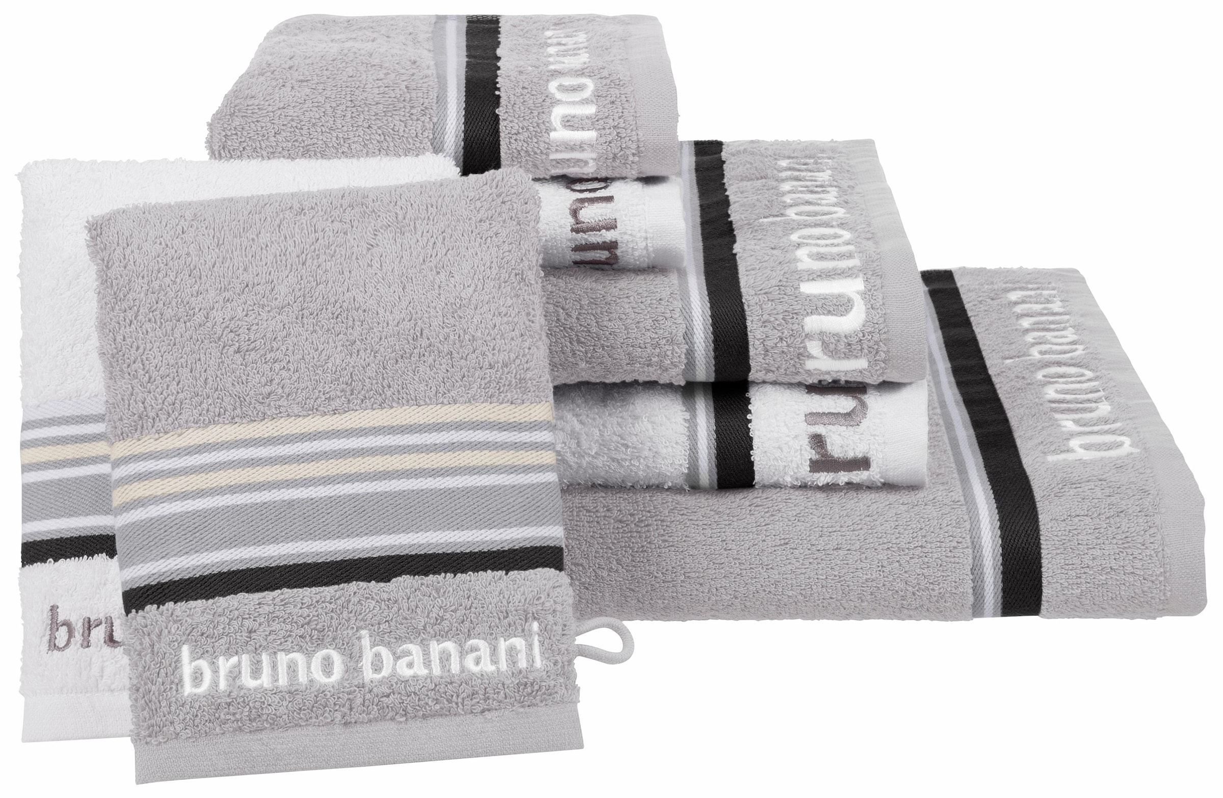 Bruno Banani Handtuch Set »Maja, 1 Duschtuch, 2 Handtücher, 2 Gästehandtücher, 2 Waschhandschuhe« Set Walkfrottee mit Bordüre und Markenlogo, 7 teiliges Handtücher Set, 100% Baumwolle