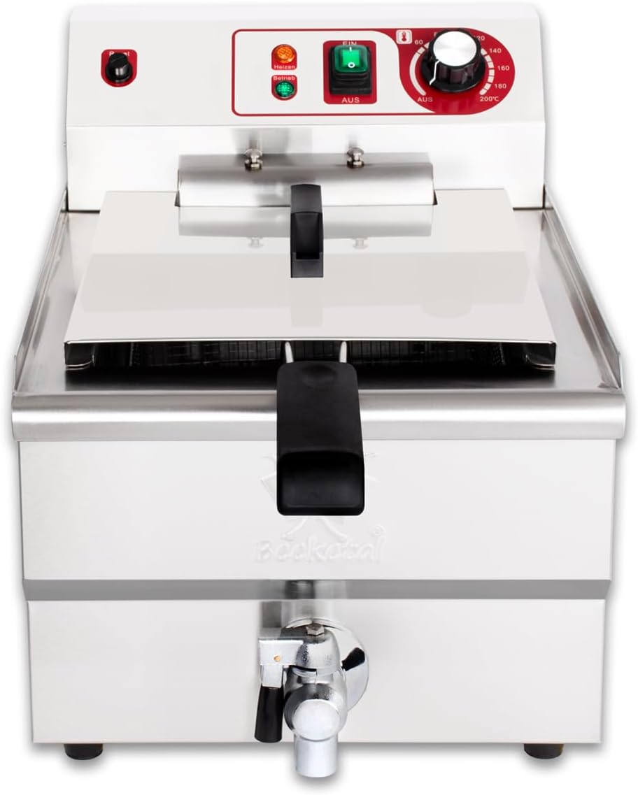 Beeketal 'BWF-131' Profi Gastronomie Kaltzonen Fritteuse (13l Volumen für max. 8,5l Öl) Gastro Imbis Friteuse mit Ein/Aus Schalter, Doppelheizspirale und Fettablaufhahn - 400V Starkstrom