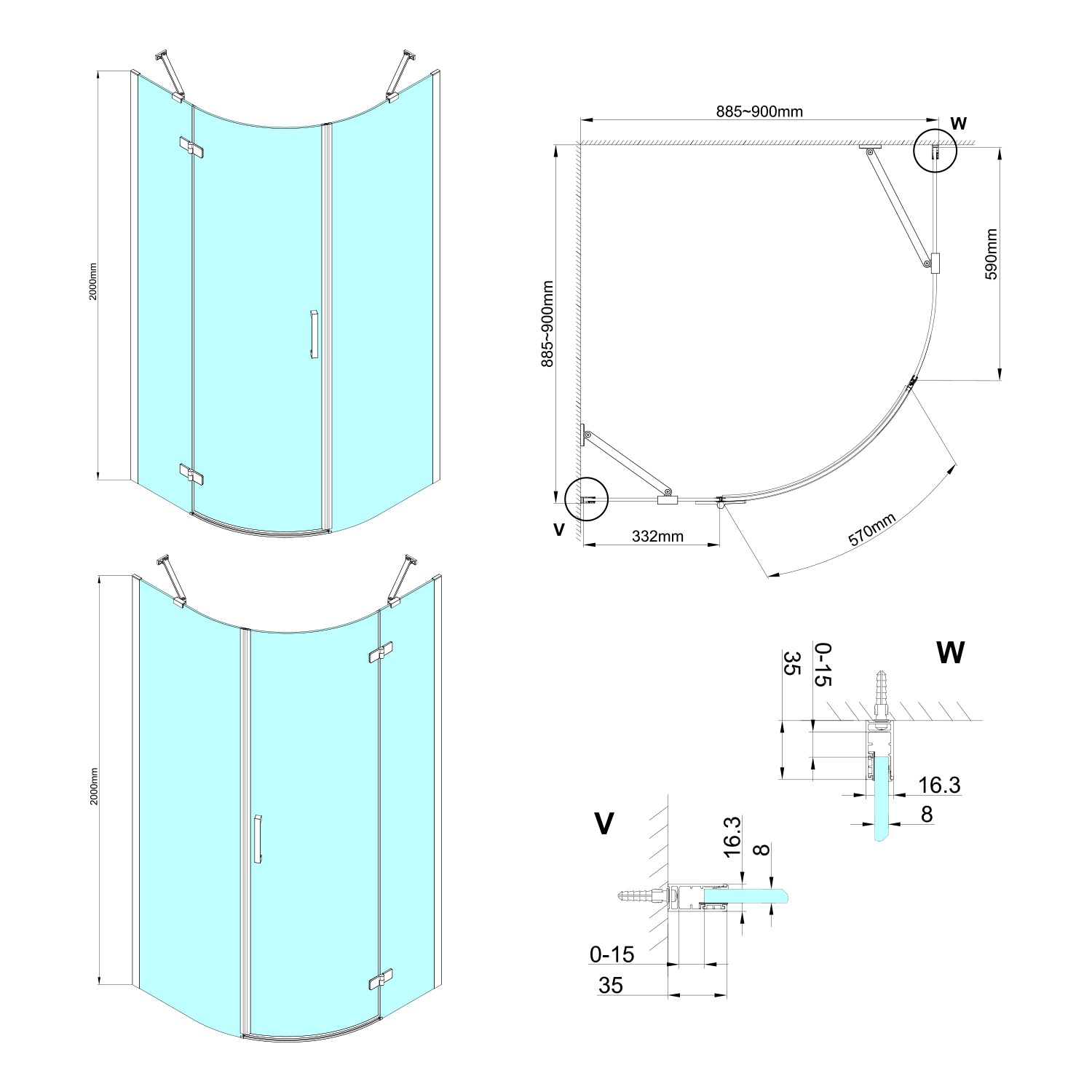 SCHADEMODEL: Gelco Trinity kwartronde douchecabine 90x90cm rechts helder glas chroom