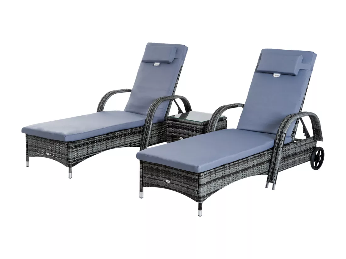 Lot de 2 transats bains de soleil grand confort : matelas, têtière, inclinaison réglable multipositions, accoudoirs, roulettes + table basse verre trempé résine tressée gris