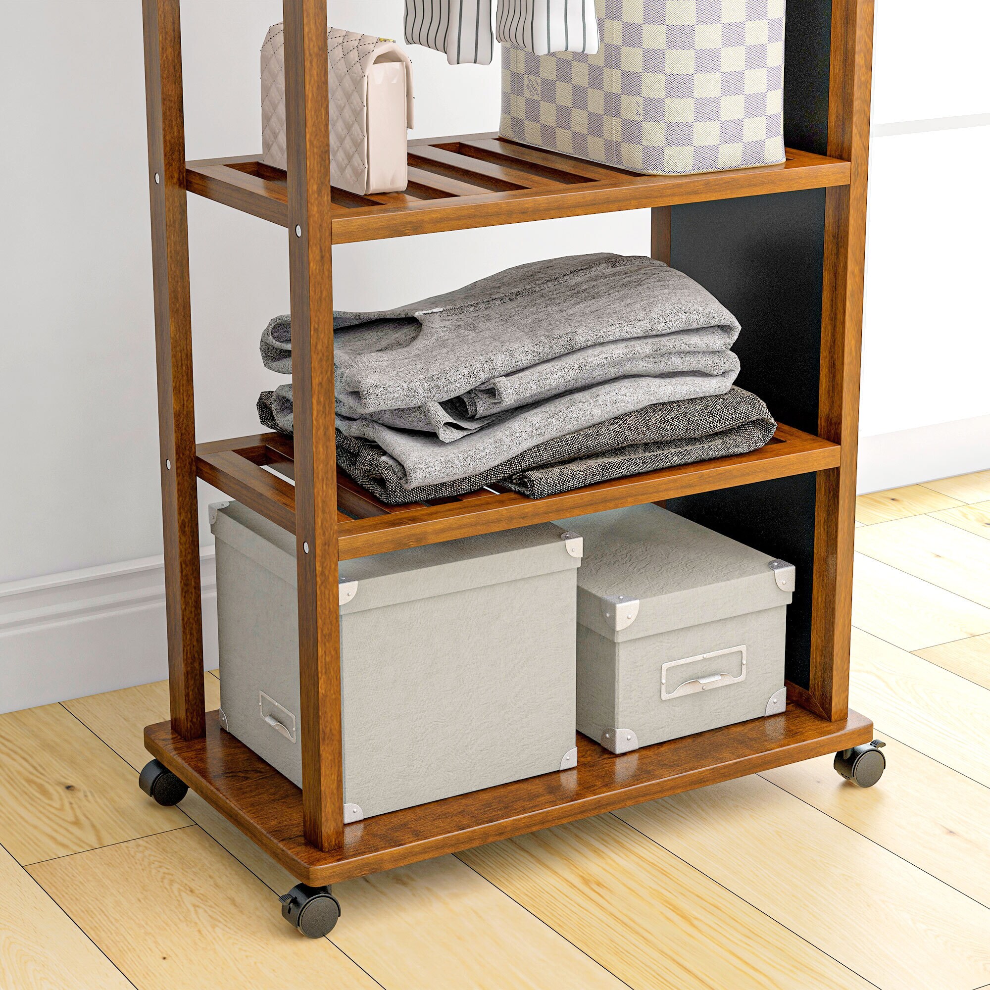 HOMCOM Standspiegel mit Regal und Rollen natur 35,8L x 59,8B x 170H cm