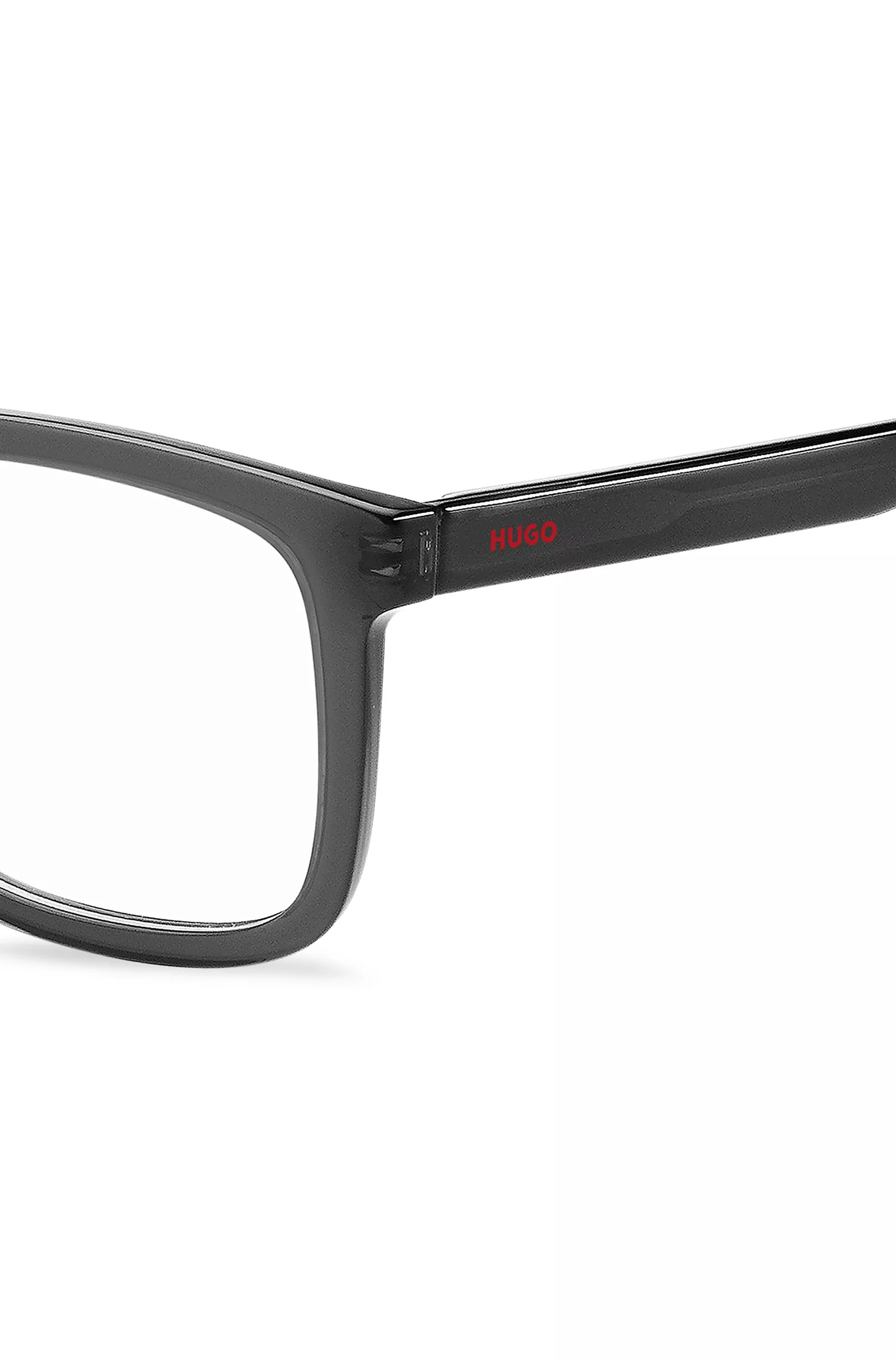 Armação de óculos HUGO em acetato vermelho e preto com logotipos vermelhos.