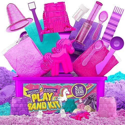 Girlzone Eenhoorn Kingdom Zandset, 2 Pond Vormbaar Speelzand In Alle Kleuren die Je Nodig Hebt Met 7 Sensorische Zandspeelgoedgereedschappen, Accessoires en Een Opbergdoos, Geweldig
