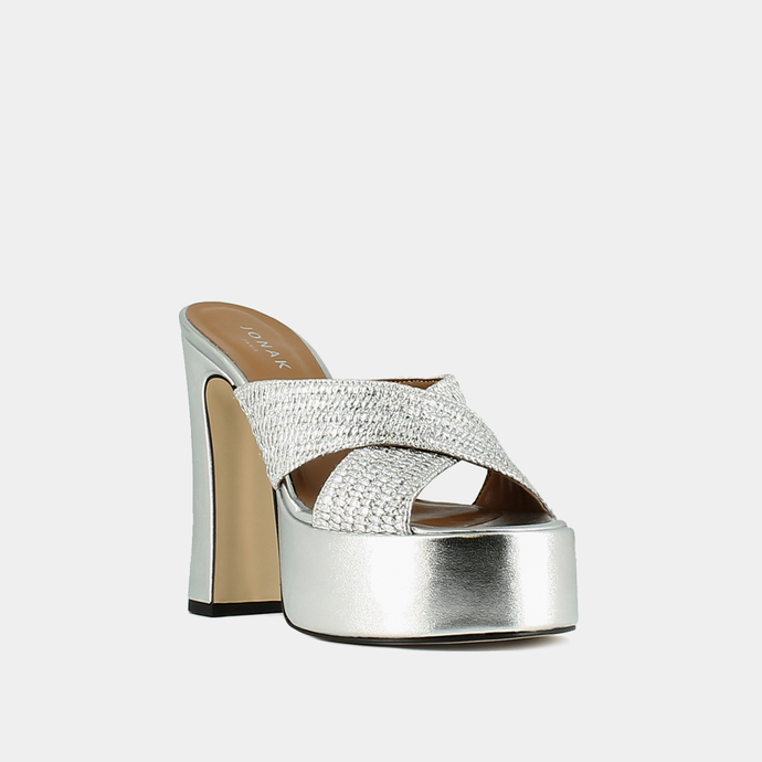 Mules à brides croisées et plateformes  en raphia métallisé argent