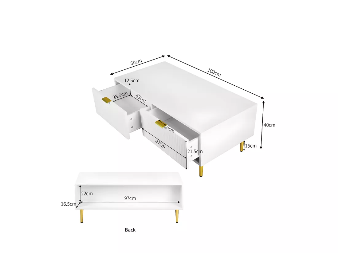 Table basse - 2 tiroirs - design rayures verticales - Blanc