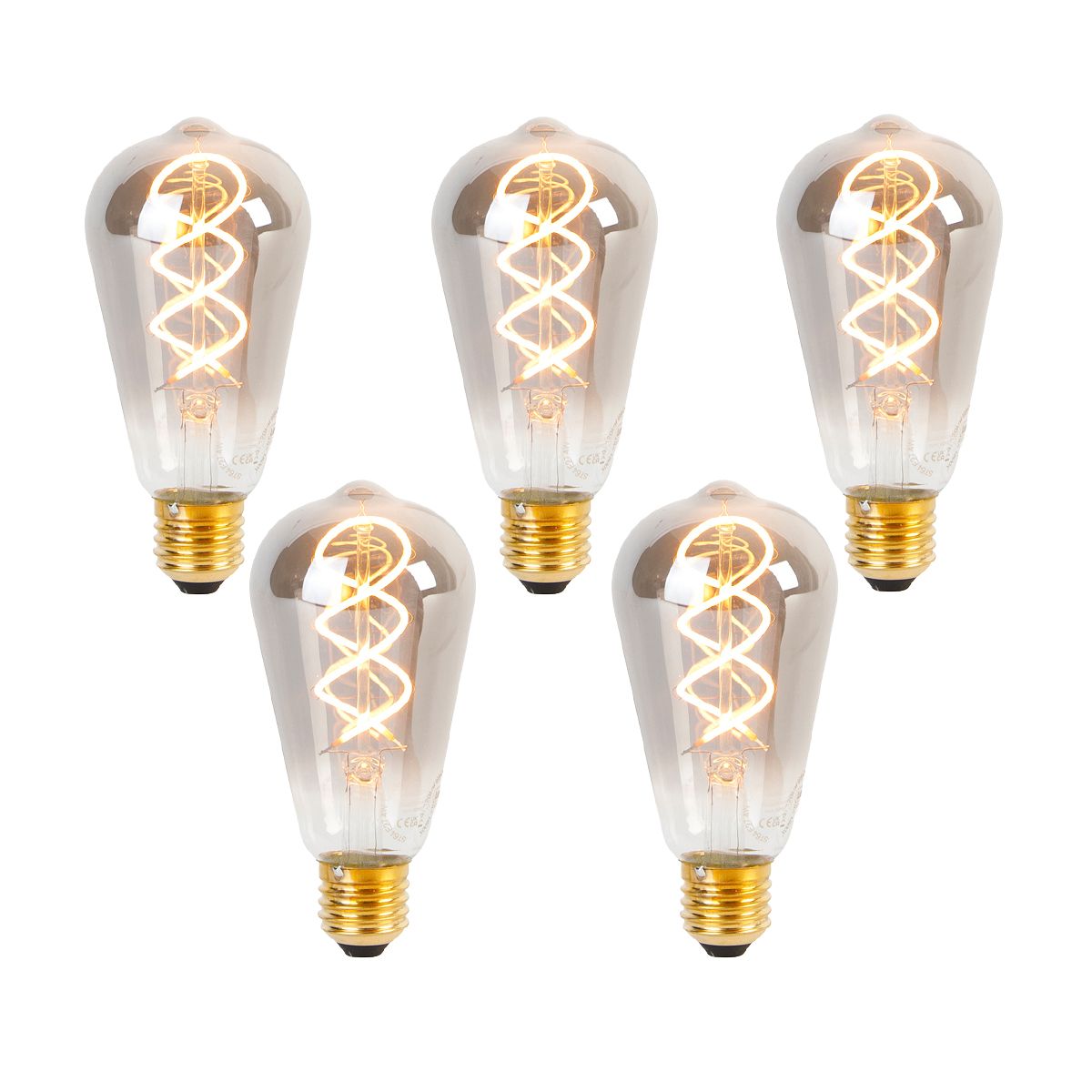 Set van 5 E27 dimbare LED gedraaid filament lamp ST64 smoke 120 lm 1800K