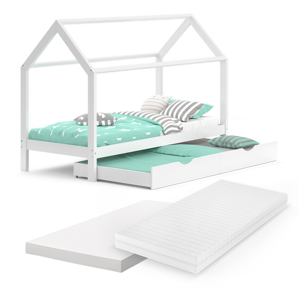 VitaliSpa Kinderbett Hausbett Gästebett Wiki Weiß 90x200cm Schublade Matratzen