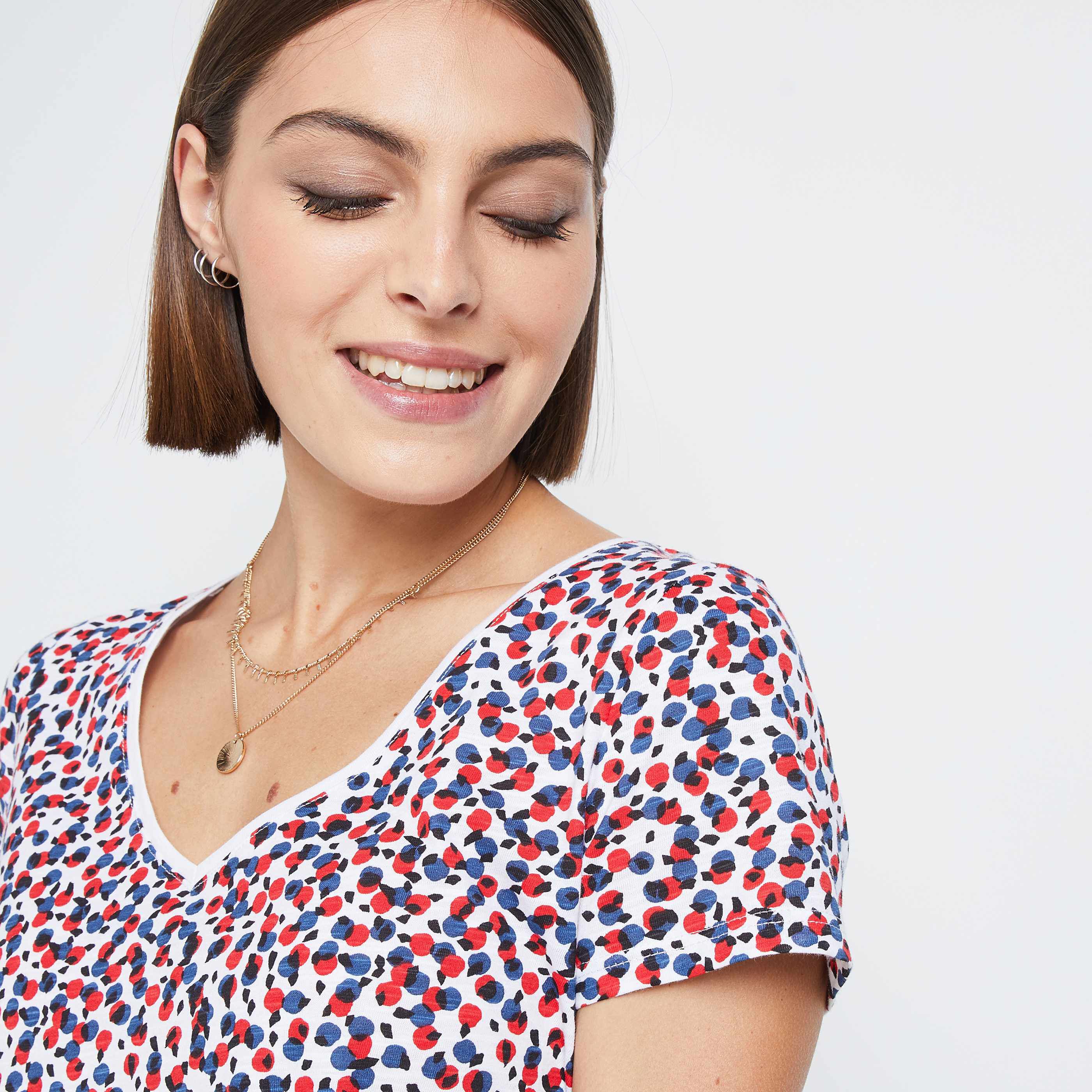 T-shirt imprimé col V femme - BLANC