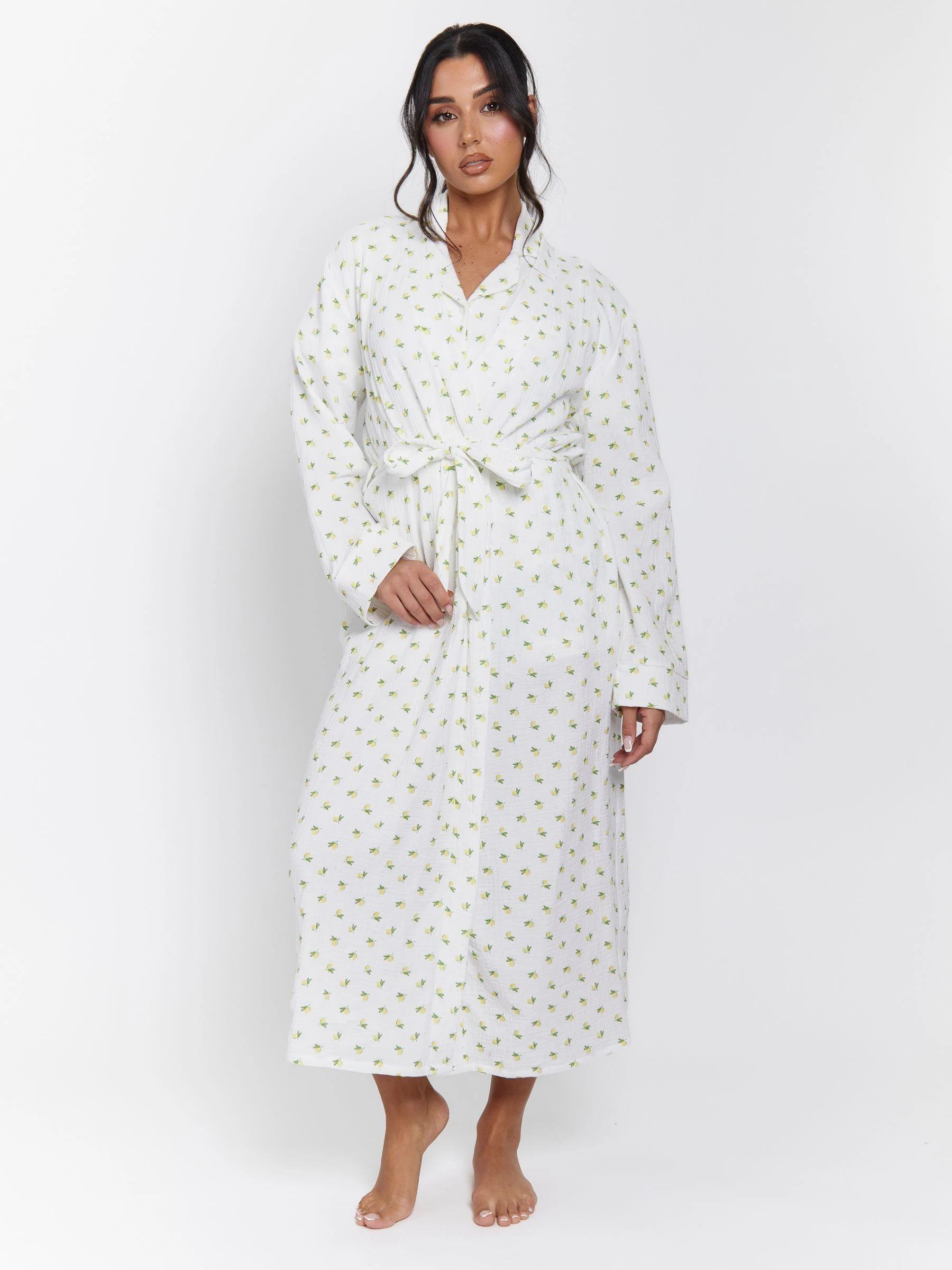 Loungeable Lemon Print 100% Cotton Waffle Robe