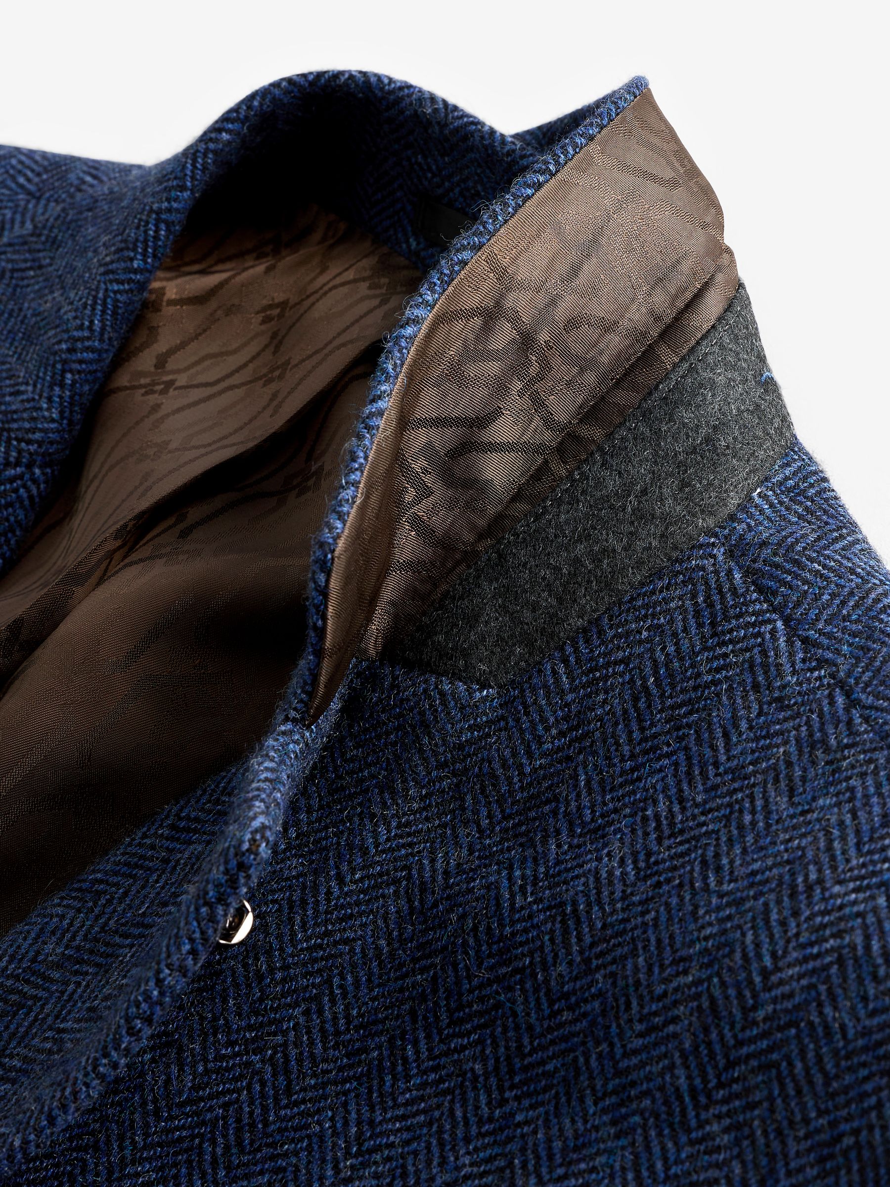Blauw - Slim Fit - Blazer met visgraatmotief en hoog wolgehalte