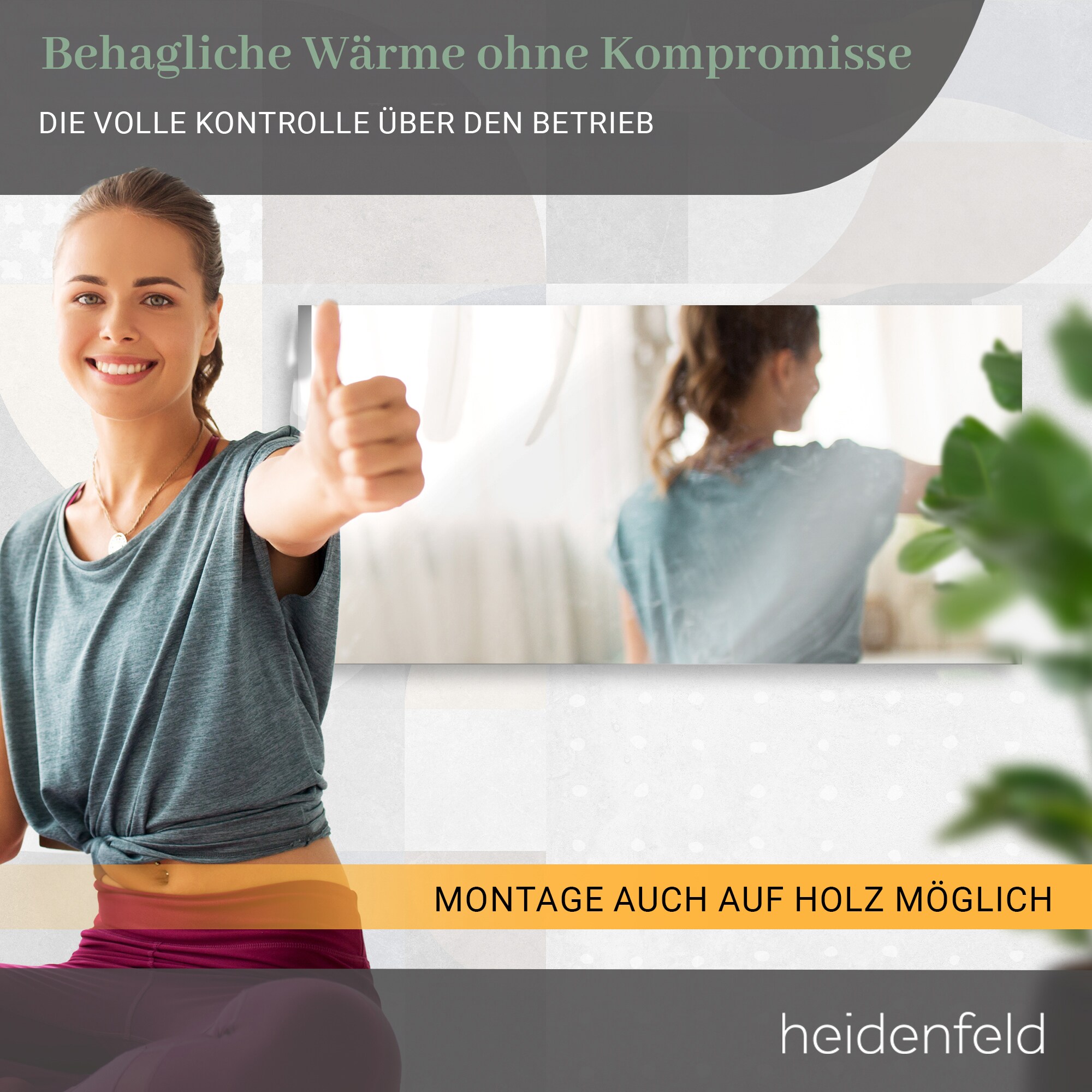 Heidenfeld Infrarot-Spiegelheizung HF-HS100, rechteckig, inkl. Thermostat, 10 Jahre Garantie, IP44 (600 Watt)