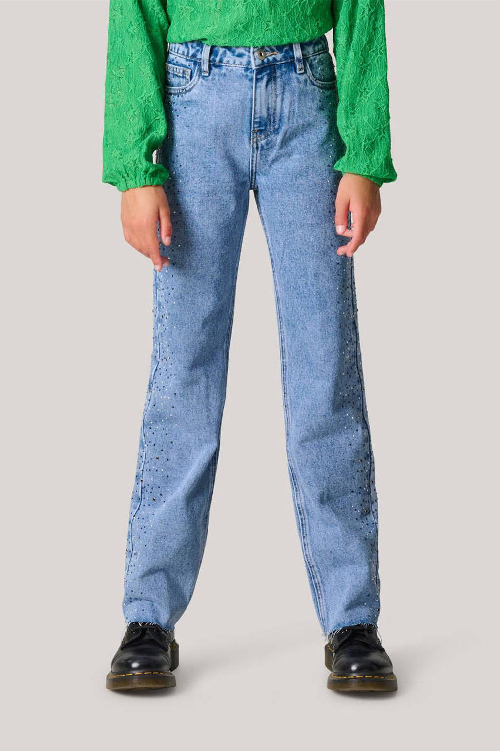 Shoeby high fit straight leg jeans met studs en strass medium blue denim
