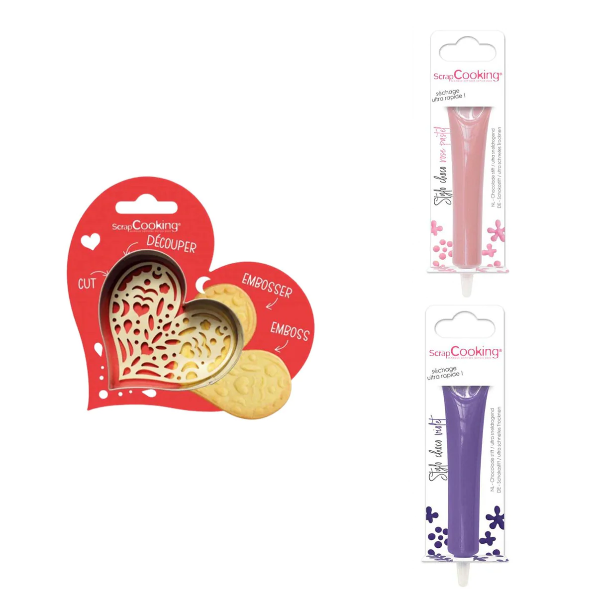 Kit pour biscuit en relief Coeur + 2 Stylos au chocolat rose pastel et