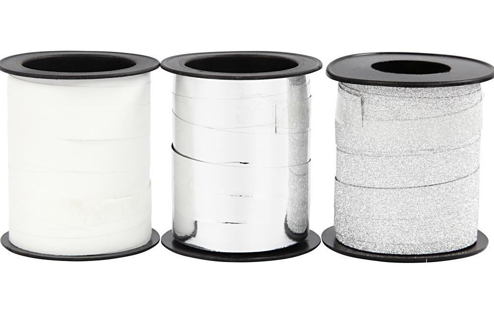 Geschenkband Weiss/Silber 1 cm x 15 m, 3 StückKräuselband für Geschenke