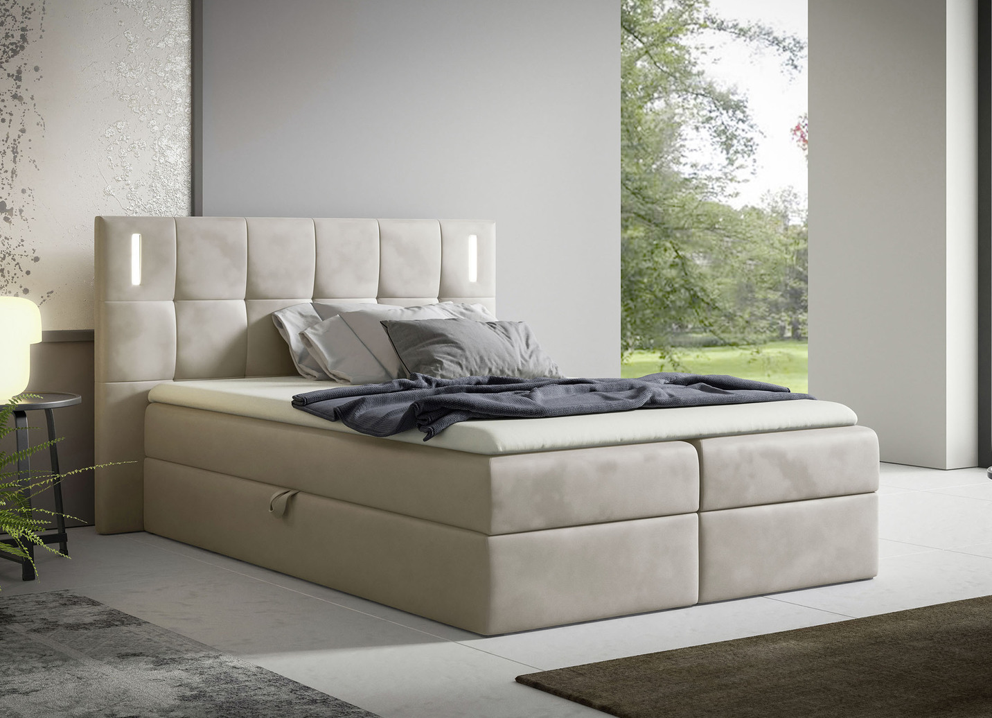 Boxspringbett mit LED-Beleuchtung und Topper