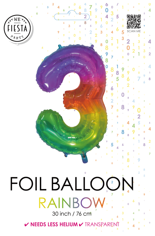 Folieballon Cijfer 3 Regenboog Transparant 66cm