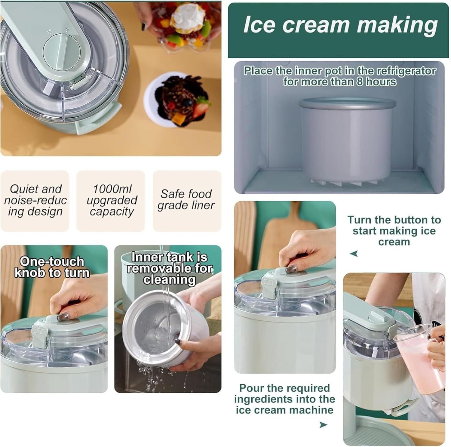 1L Softeismaschine für Zuhause, Automatische Mini Eismaschine, Ice Cream Maker & Joghurtbereiter, Kompakte Eiscreme Maschine für Bar und Café