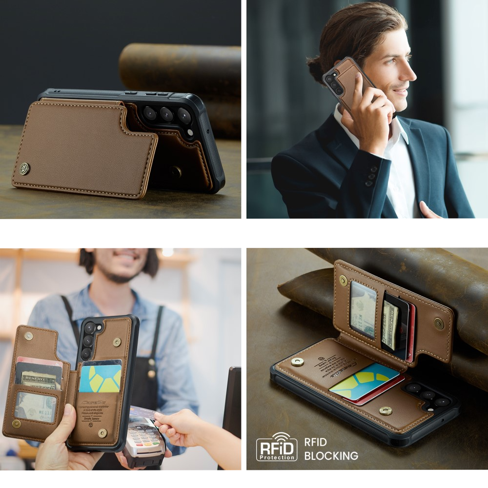 Samsung Galaxy S23 5G Leder Hülle mit Kartenfächern im Litchi Look   Kickstand (RFID Schutz) - Braun