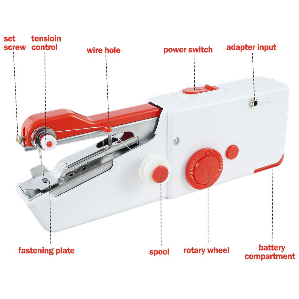 (27-tlg. Set) Mini Handnähmaschine   Mercerie Zubehör für Stoff / Leder / Jeans (Batteriebetrieben) - Weiss