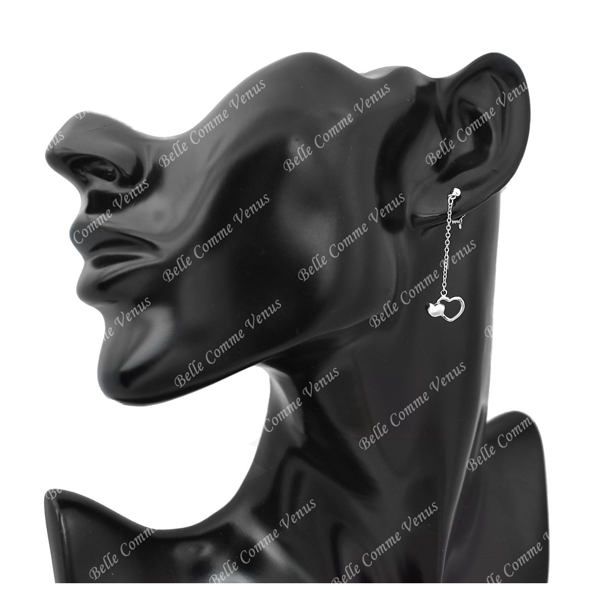 Boucles d'oreilles 2 coeurs chaînettes pendantes Argent 925 Rhodié