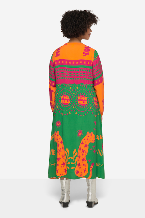 Midikleid, A-Line, Wildkatzen-Mustermix, Tunika-Ausschnitt, Langarm