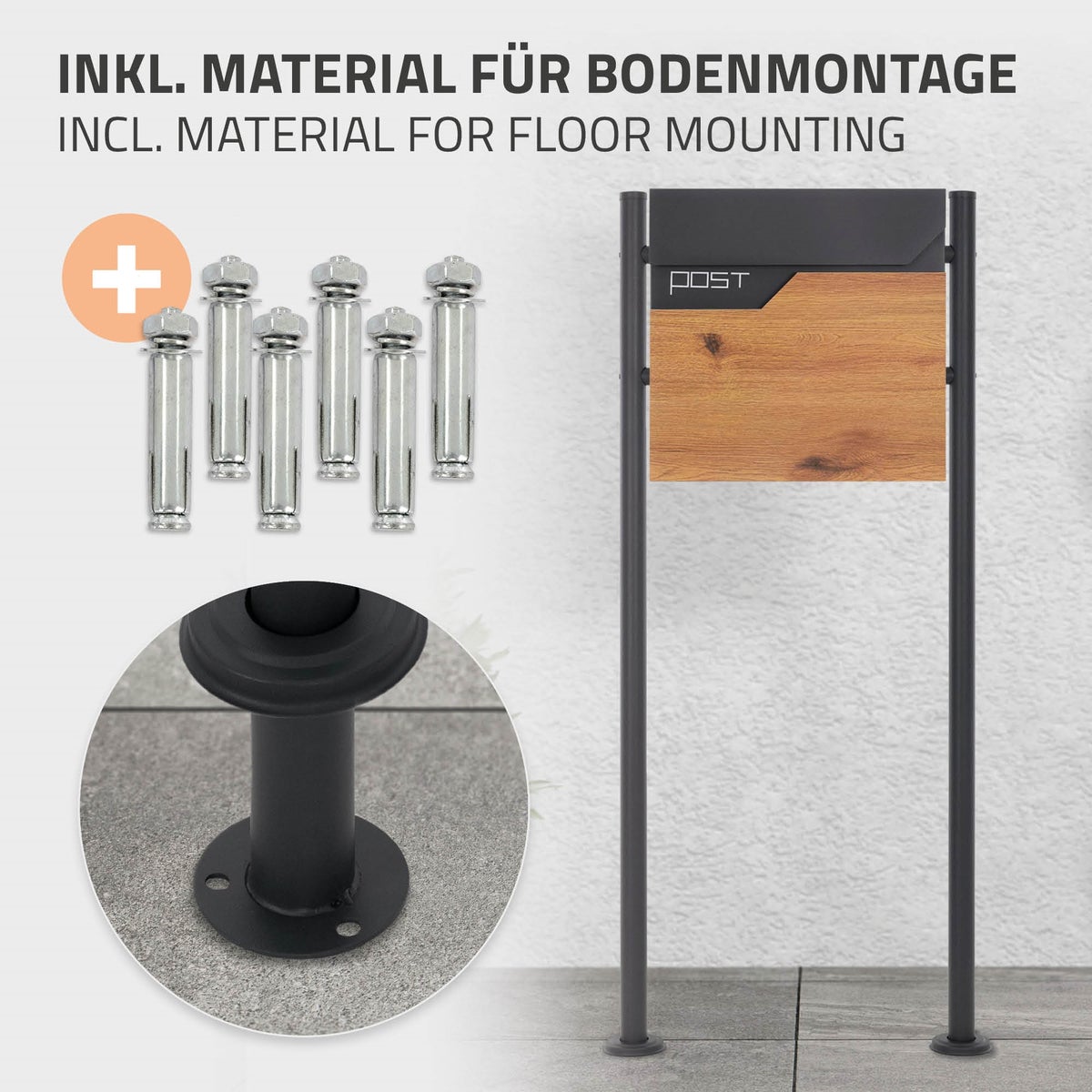 ECD Germany vrijstaande brievenbus met krantenvak, design brievenbus met post, brievenbussysteem, brievenbusstandaard antraciet roestvrij staal gepoedercoat, brievenbus antraciet houtlook roestvrij staal