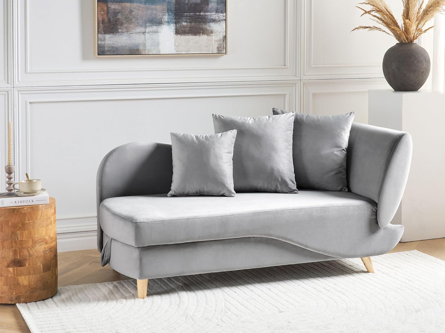 Beliani Chaiselongue Samtstoff grau rechtsseitig mit Stauraum Kissen modern Meri II