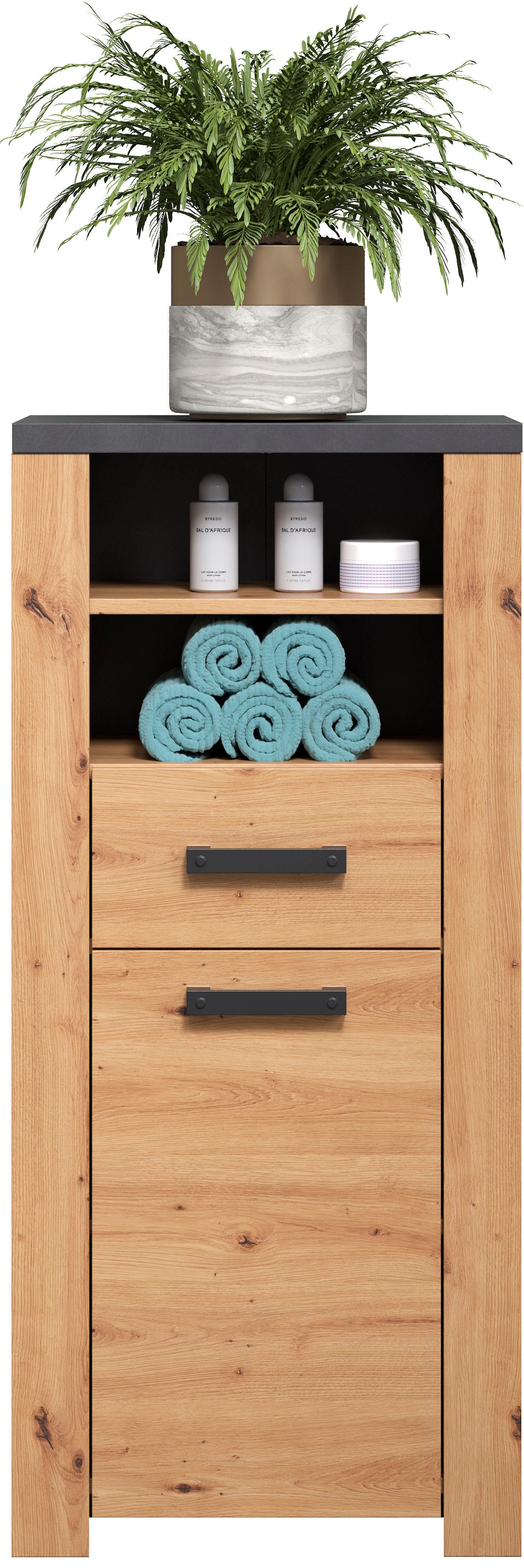 welltime Midischrank »Ambres« 1 Stk. tlg. Badschrank in matter Echtholzoptik - Masse (B/T/H) 53/35/118 cm