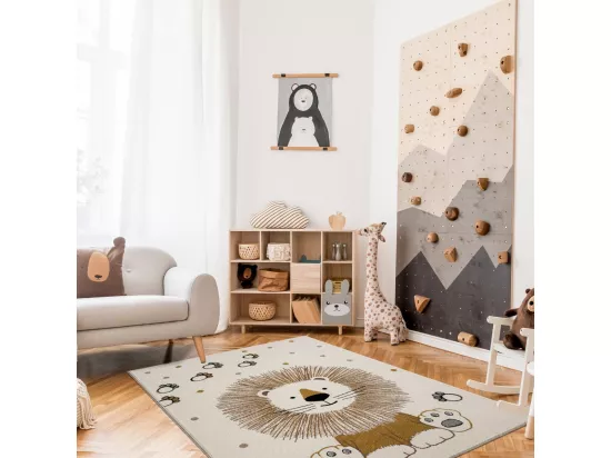 Tapis enfant Ø120cm rond tissé crème motif animaux SWEETLION