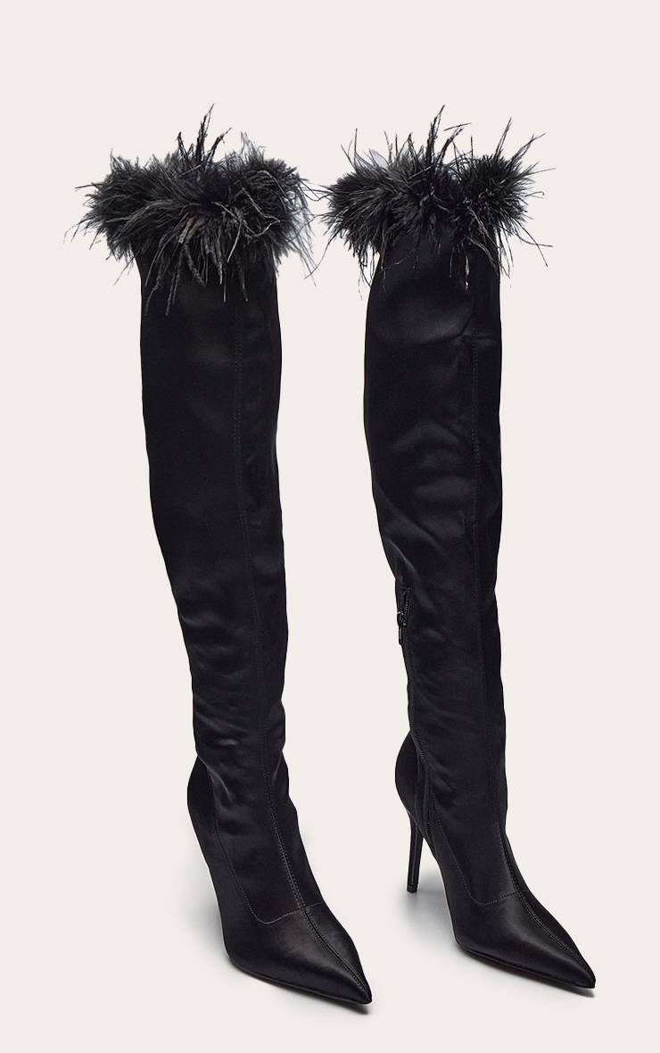 Noir Botte Haute À Talon En Satin Avec Bordure De Plumes