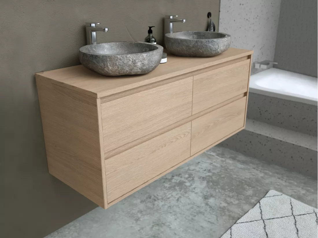 Meuble de salle de bain suspendu avec double vasque à poser en pierre - Placage chêne - 120 cm - MILIPAM