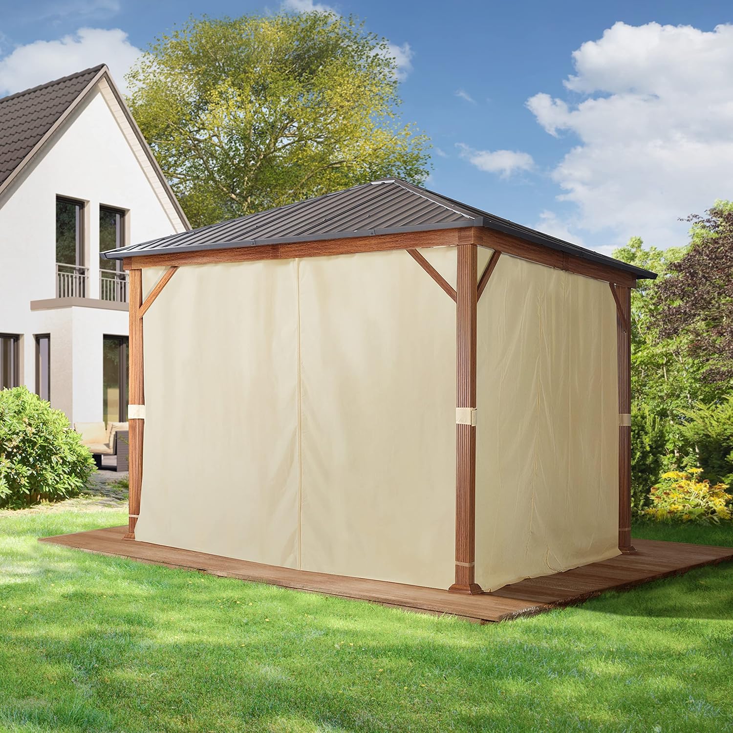 TOOLPORT Gartenpavillon 3x3 m Holzoptik, Stahldach Hardtop 4 Seitenteile in Champagner