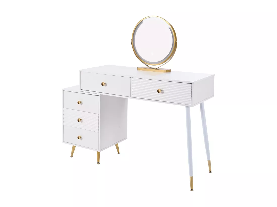 Coiffeuse avec miroir et 5 tiroirs - 100 x 40 x 78 cm - Panneau de particules - LEDs - Blanc (sans tabouret)