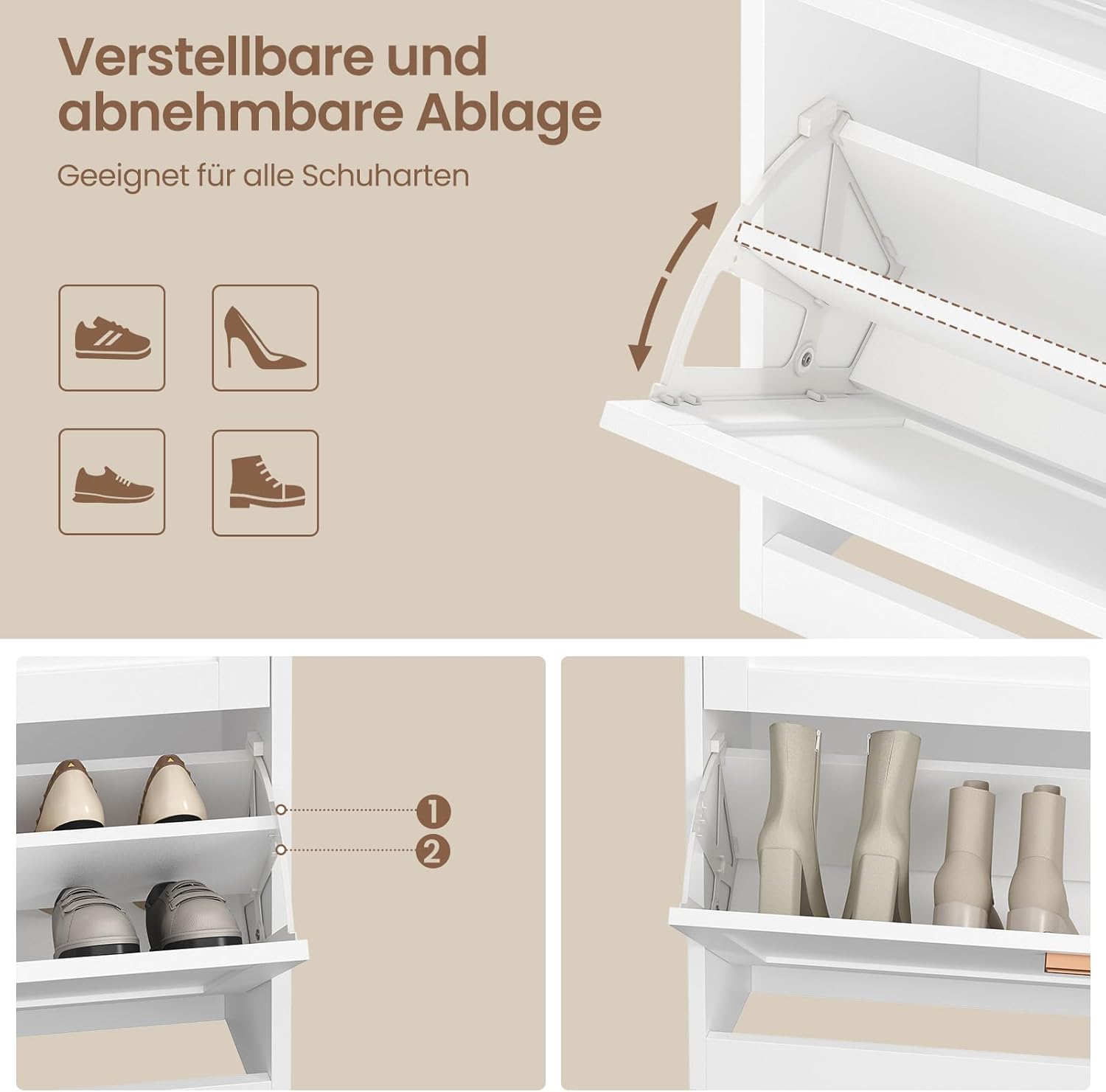 Schuhschrank mit 4 Klappen, Schuhkipper Schmal, Schuhschrank mit 2 Schubladen, Trennwand Verstellbar, für 16-24 Paar Schuhe, Flur, Portale, 24 x 100 x 103 cm, Weiß