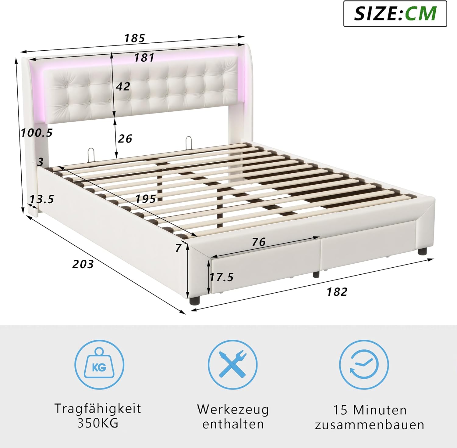 Bett 180x200 cm mit Stauraum und LED-Beleuchtung, Doppelbett mit Schublade, Hydraulisches Stauraumbett, Polsterbett, Lattenrost, Jugendbett, Beige Samt