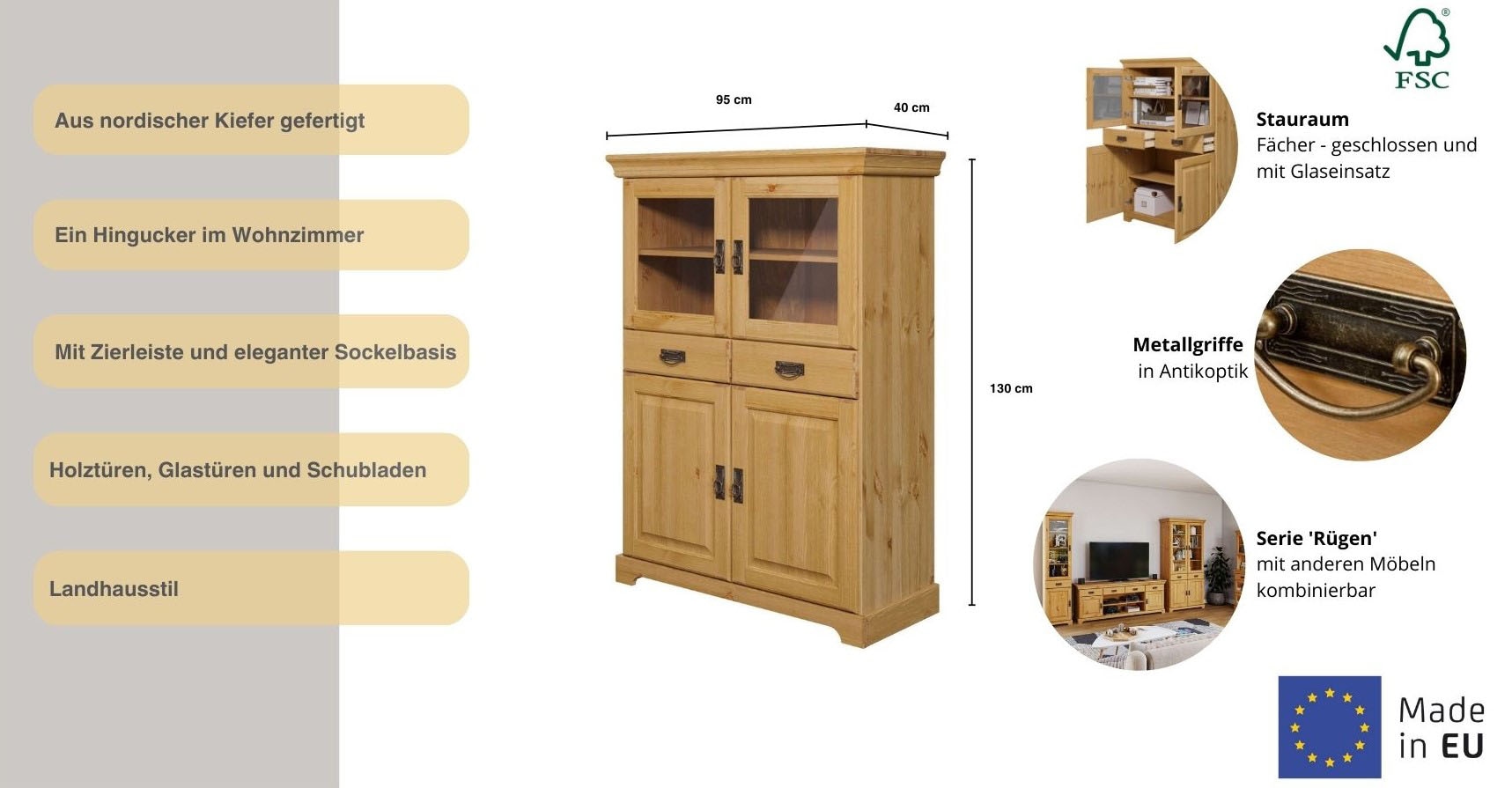 Home affaire Highboard »Rügen« Vitrine im Landhausstil,  zertifiziertes Massivholz, Höhe 131 cm