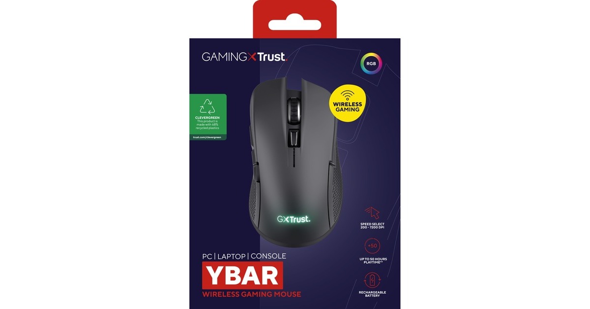 TrustGXT 923  Ybar Wireless gaming muis  (Zwart, RGB, 7200 dpi)