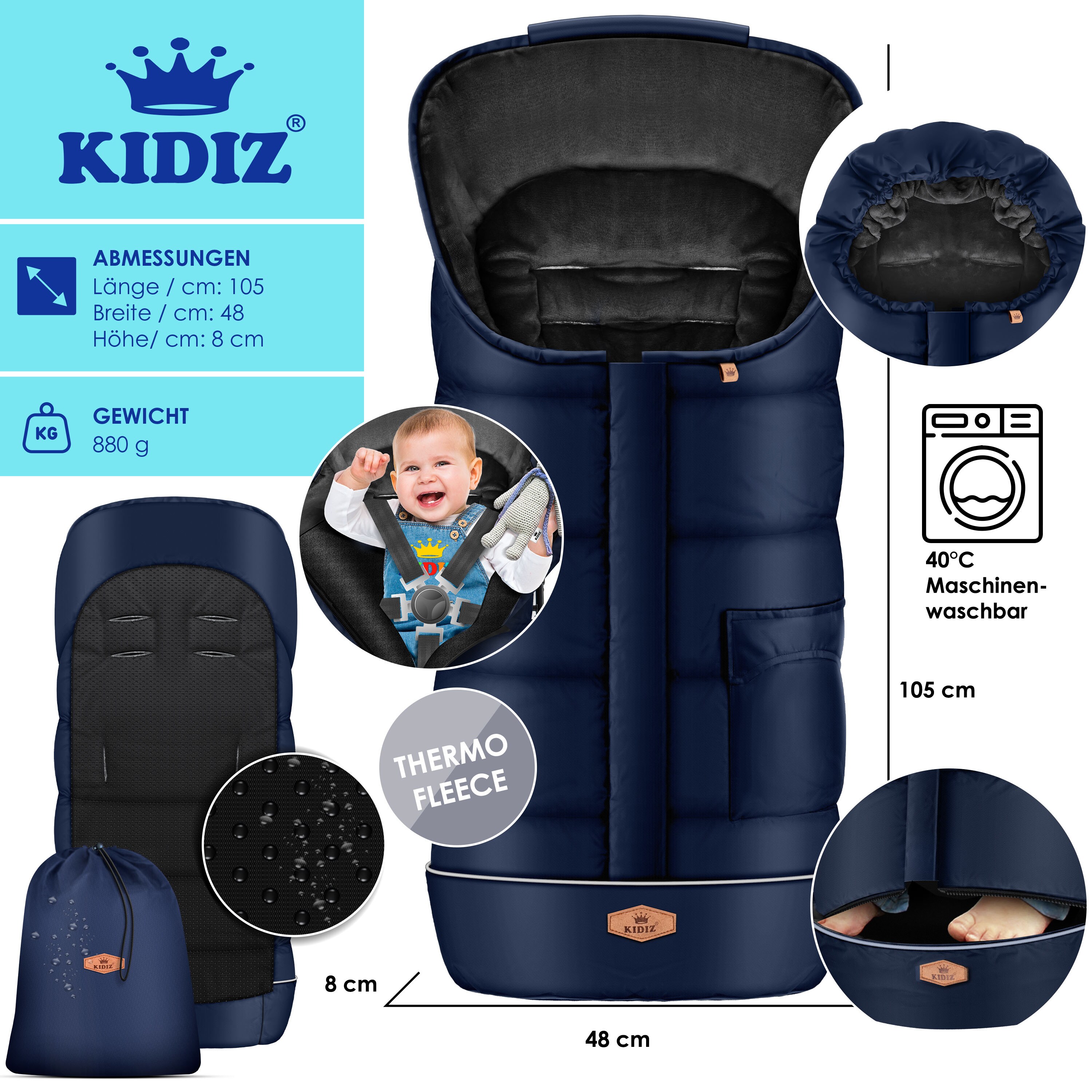 KIDIZ® Babyfußsack Baby Fußsack Winterfußsack Babyschale mit Reißverschluss Kuschelsack Babydecke Kinderwagen waschbar Tasche passend für alle Kinderwagen BettWärmedecke aus Thermo-Fleece