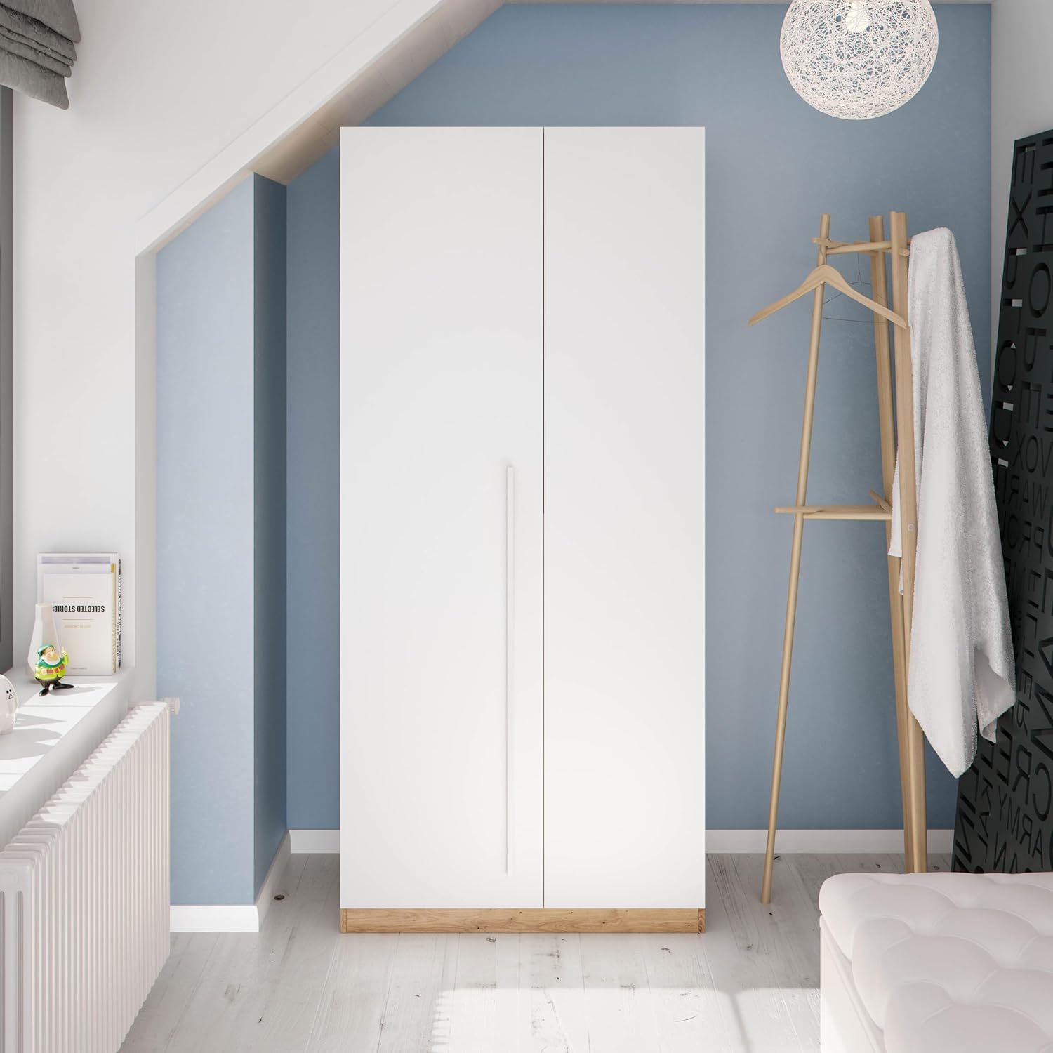 Habitdesig, Kinderschrank mit 3 Drehtüren – moderner Kleiderschrank für Kinder- oder Jugendzimmer in Arktisweiß und Eiche Nodi, viel Stauraum, Maße: 90 x 200 x 52 cm (B x H x T), Modell Noa