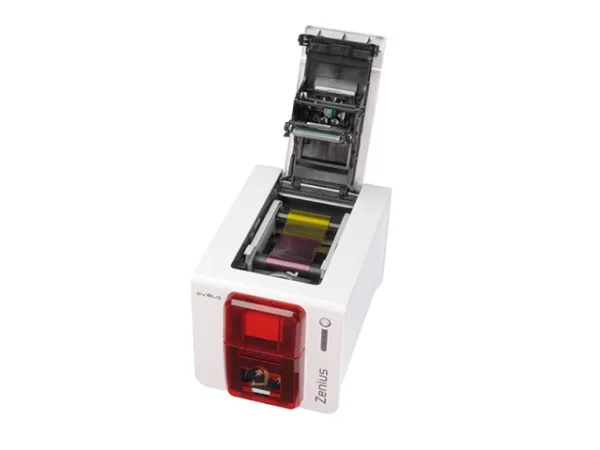 Evolis Zenius Expert Line - Plastikkortprinter - farve - blæksubliminering/termisk transfer - CR-80 Card (85.6 x 54 mm) - 300 dpi - op til 500 kort/time (mono) / op til 150 kort/time (farve) - kapacitet: 50 kort - USB, LAN - ildrød